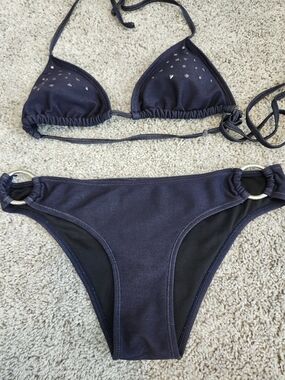 Women’s Navy 'JEAN Look' Triangle Bikini Set with Silver Accent Studs And Rings